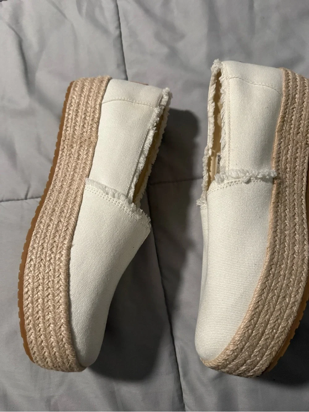 Toms White Canvas Platform Espadrille Slip-Ons with Frayed Trim. Never worn.